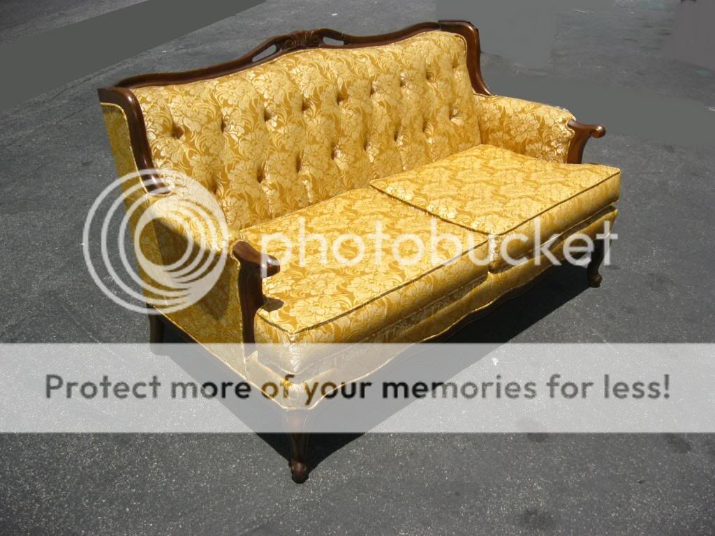 Vintage French Provincial Gold Floral Fabric Settee w Queen Anne Legs Sofa